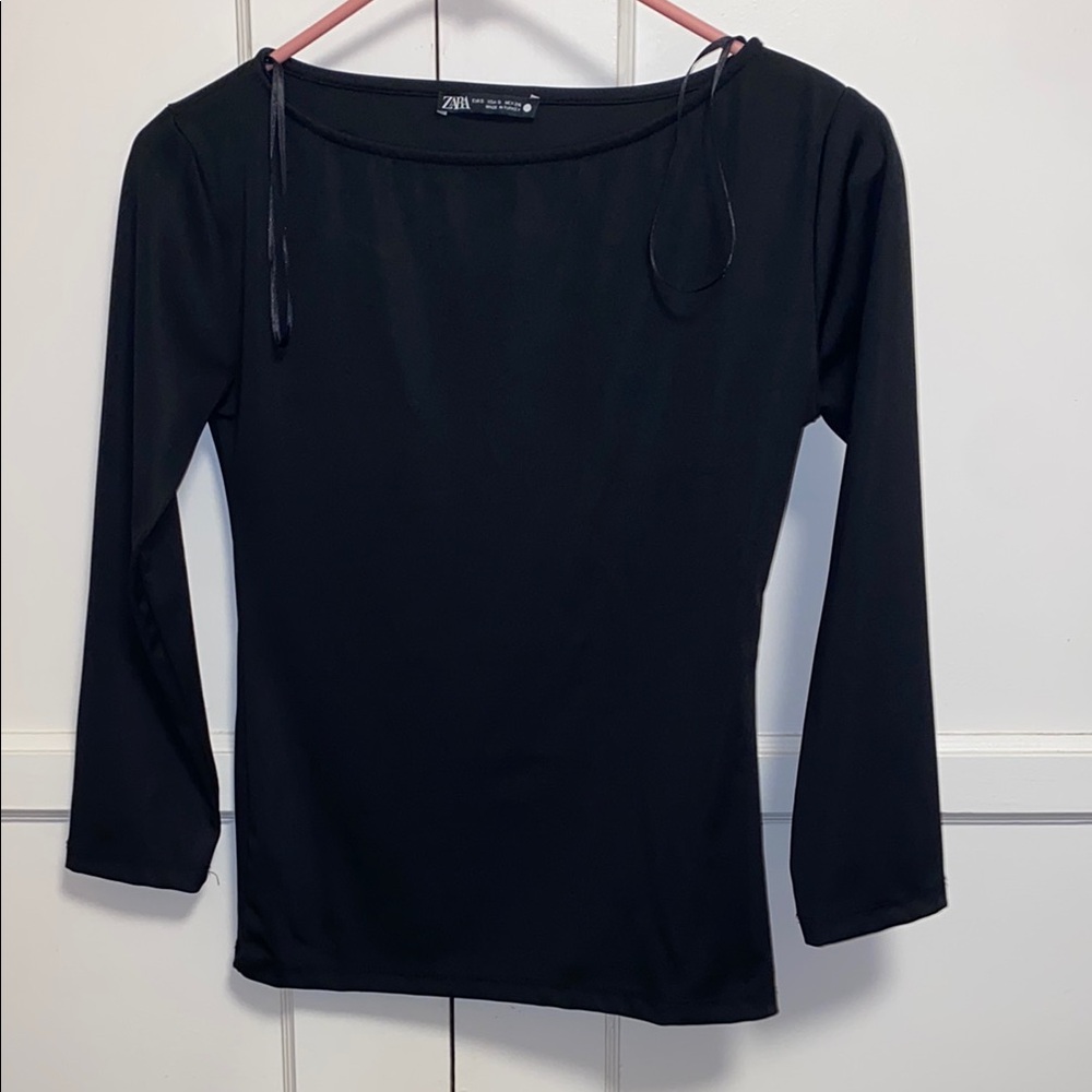 Zara Small Black Fitted 3/4 Sleeve Bateau Neck Blouse